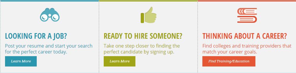 Image of the search options on the Alabama JobLink website: Looking for a job? - Ready to hire someone? - Thinking about a career? 
