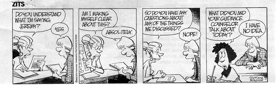 Image of a Comic Strip: 1st Panel is School Counselor saying, 