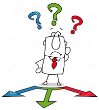 Image of man with arrows pointing him in three different directions and a question marks above his head
