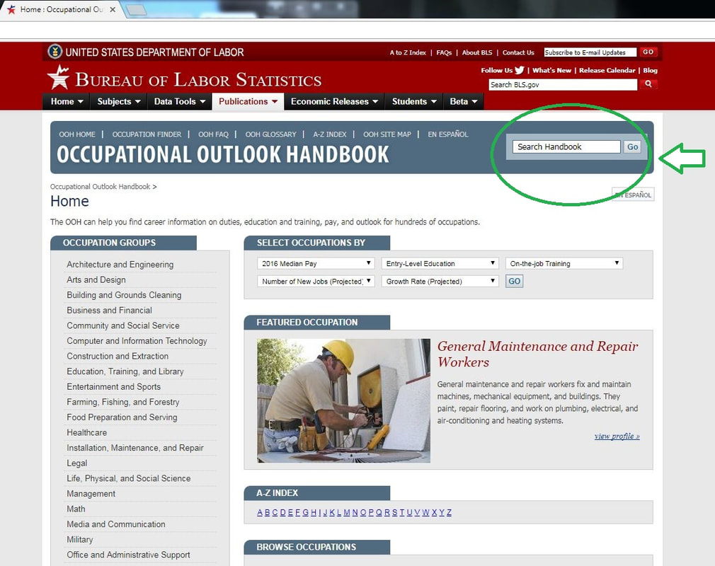 Screenshot of the Occupational Outlook Handbook website with an arrow pointing to the search bar